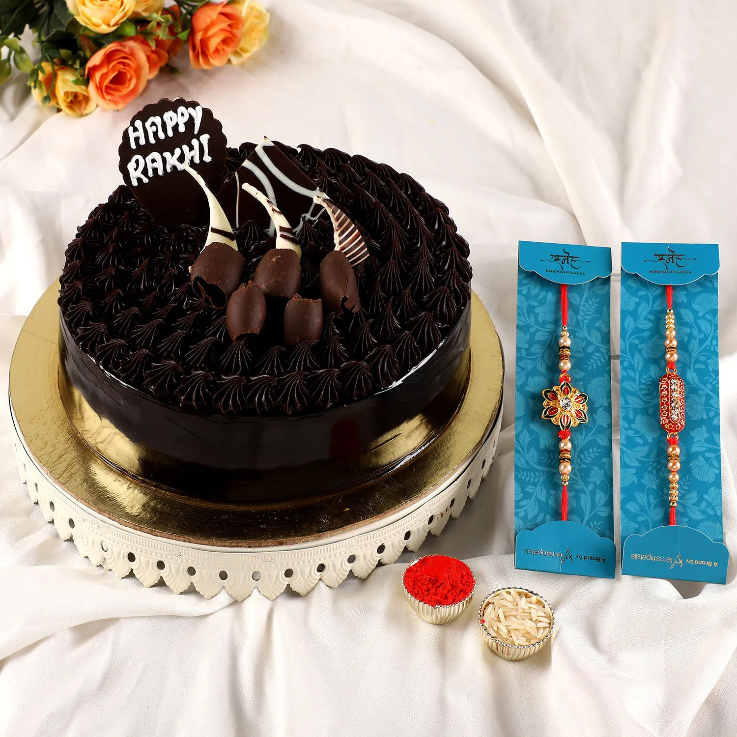  2 Elegant Rakhis & Fudge Brownie Cake