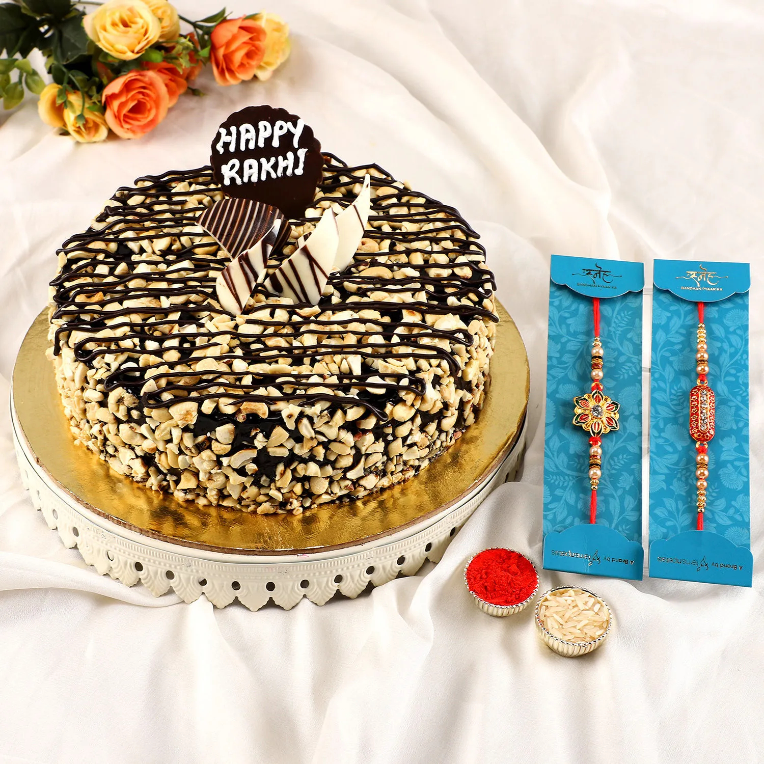  2 Premium Rakhis & Choco Crunchy Cake