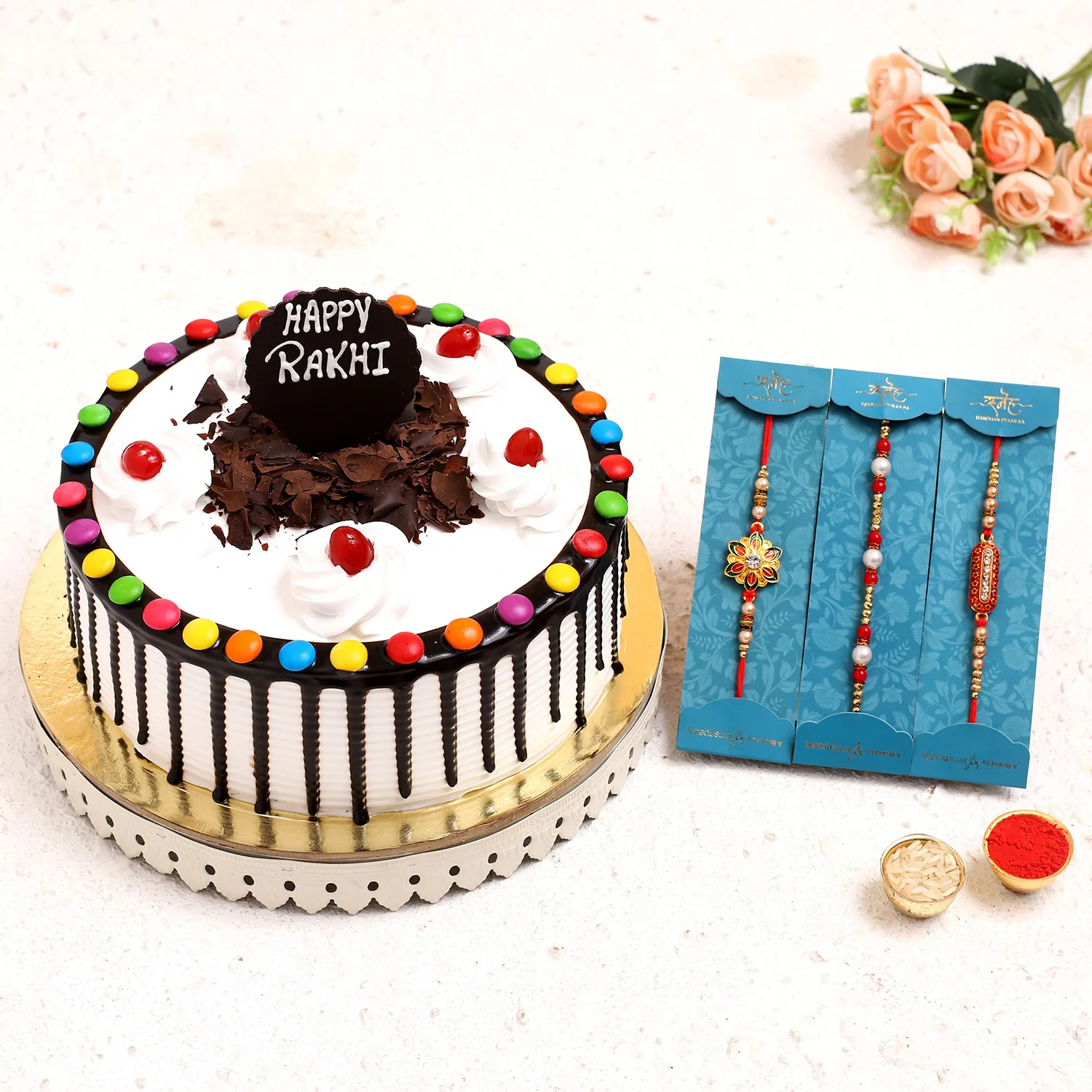  3 Pretty Rakhis & Black Forest Gems Cake