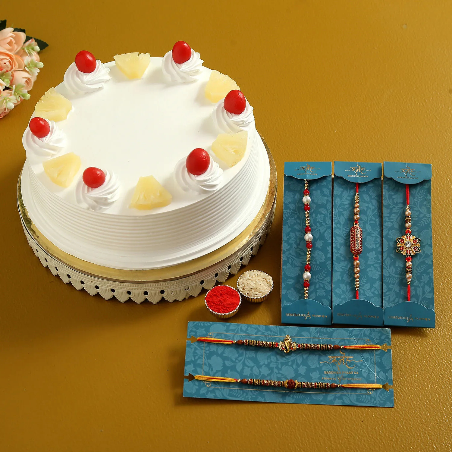  3 Pretty Rakhis & Pineapple Cake
