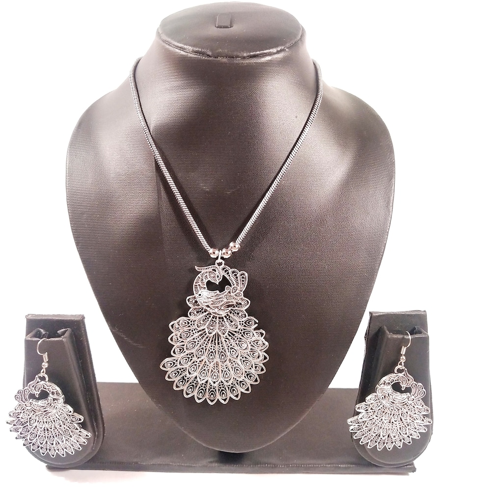  Peacock Design Silver Necklace Set