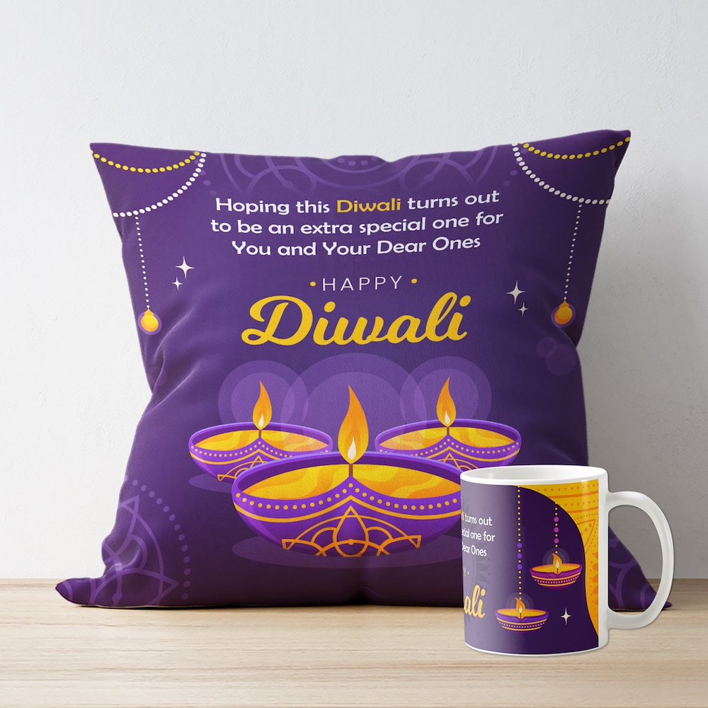  Diwali Diya Mug & Cushion Combo