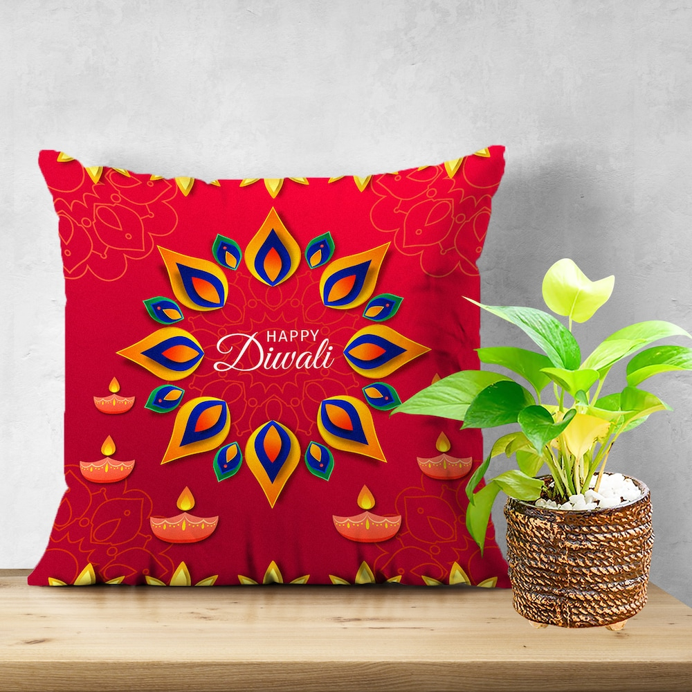  Red Happy Diwali Cushion and Plants