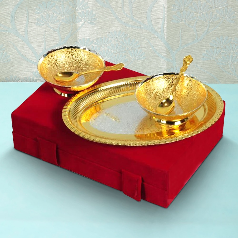  Silver and Gold Plated Brass Bowl Set with Tray