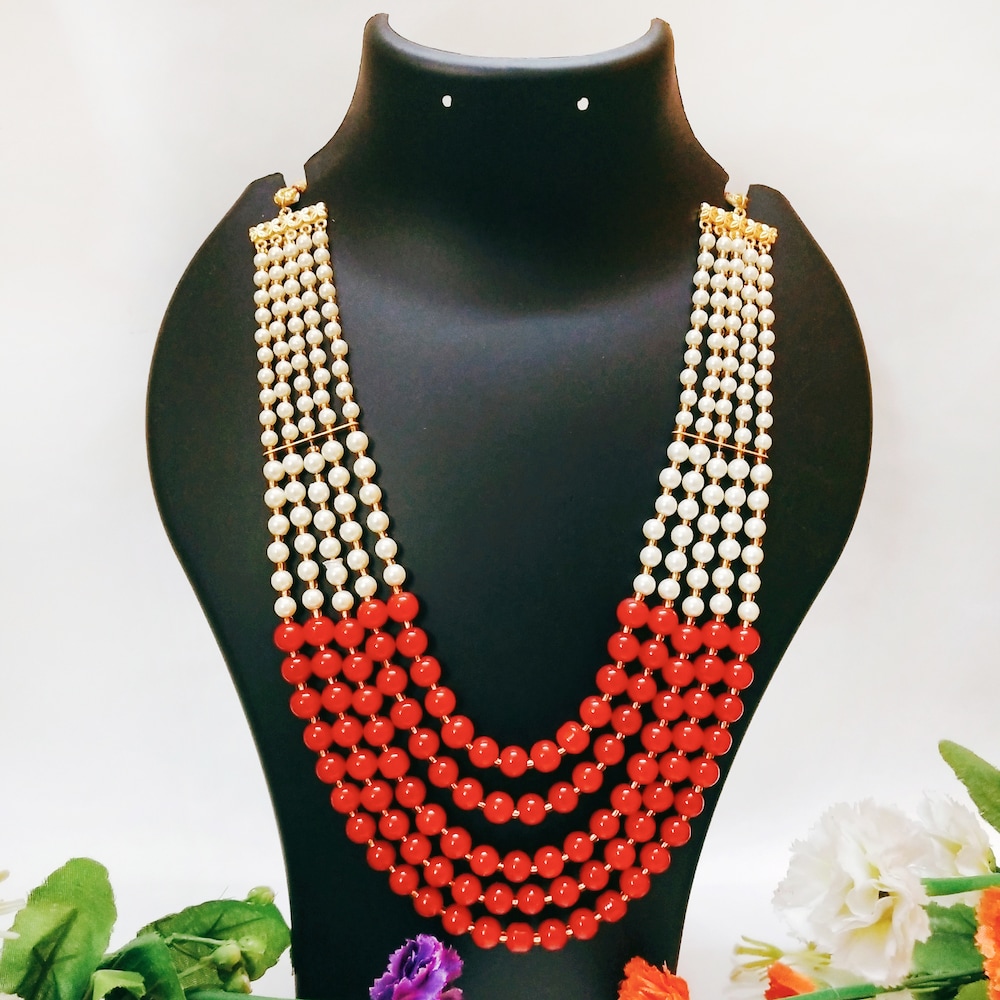  White Red Five Layered Beaded Necklace