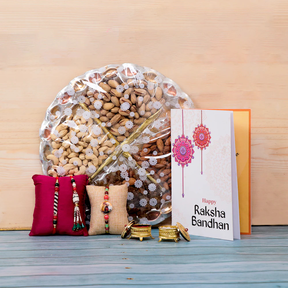 Twin Rakhi Set With Dry Fruit Plat Gift Greetings