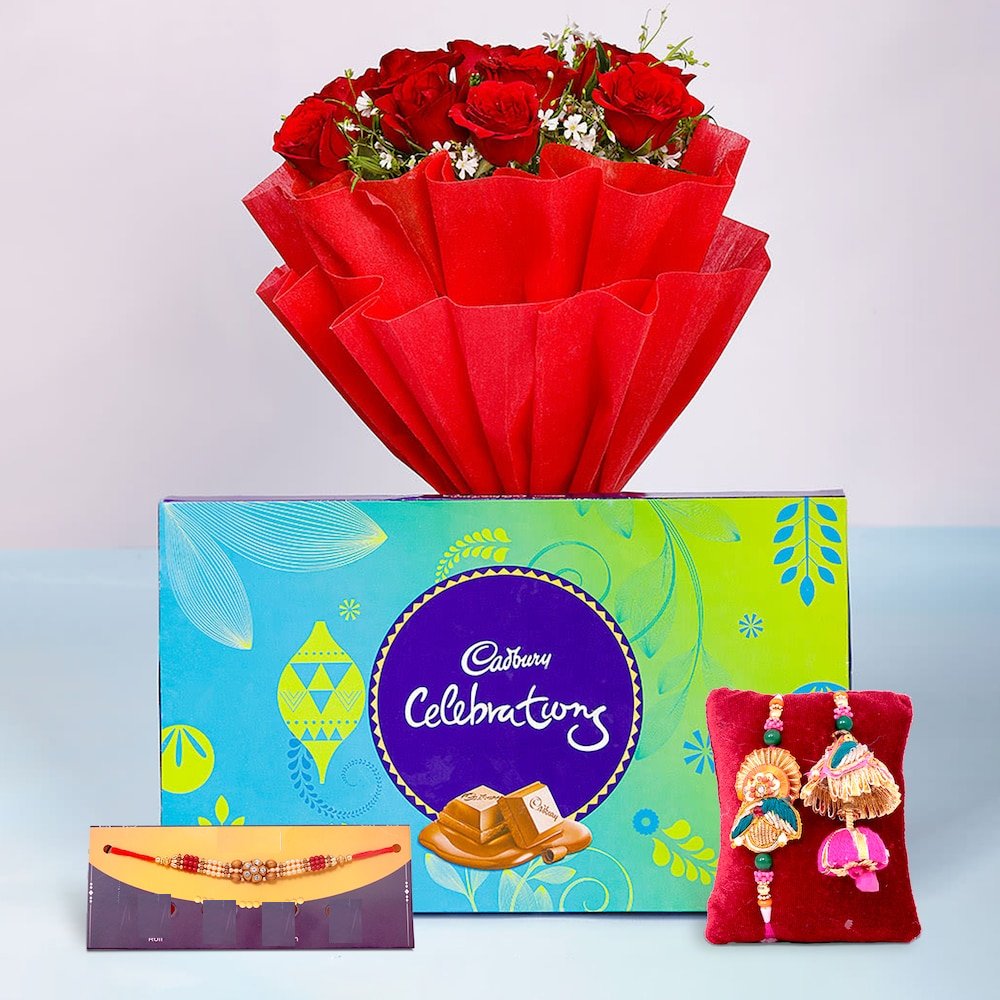  Trio Rakhis With Choco N Roses Combo