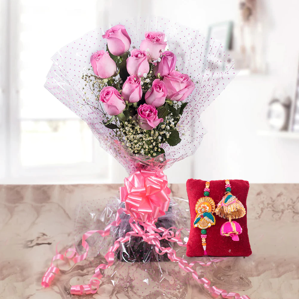 Pink Roses Bouquet With Bhaiya Bhabhi Rakhi