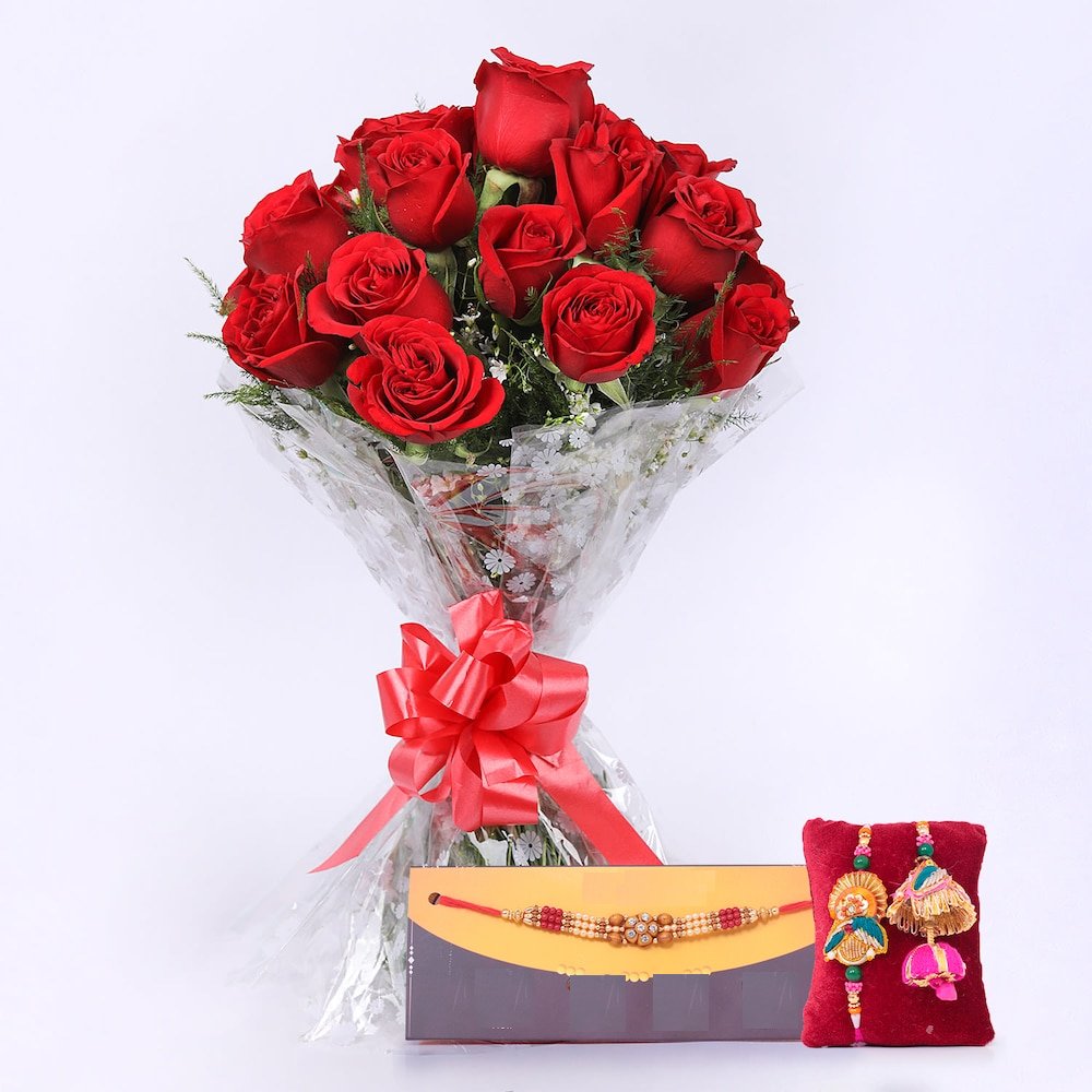  Red Roses Bouquet With Trio Rakhis
