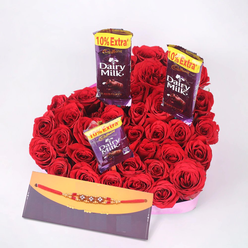  HeartShaped Roses Rakhi Hamper