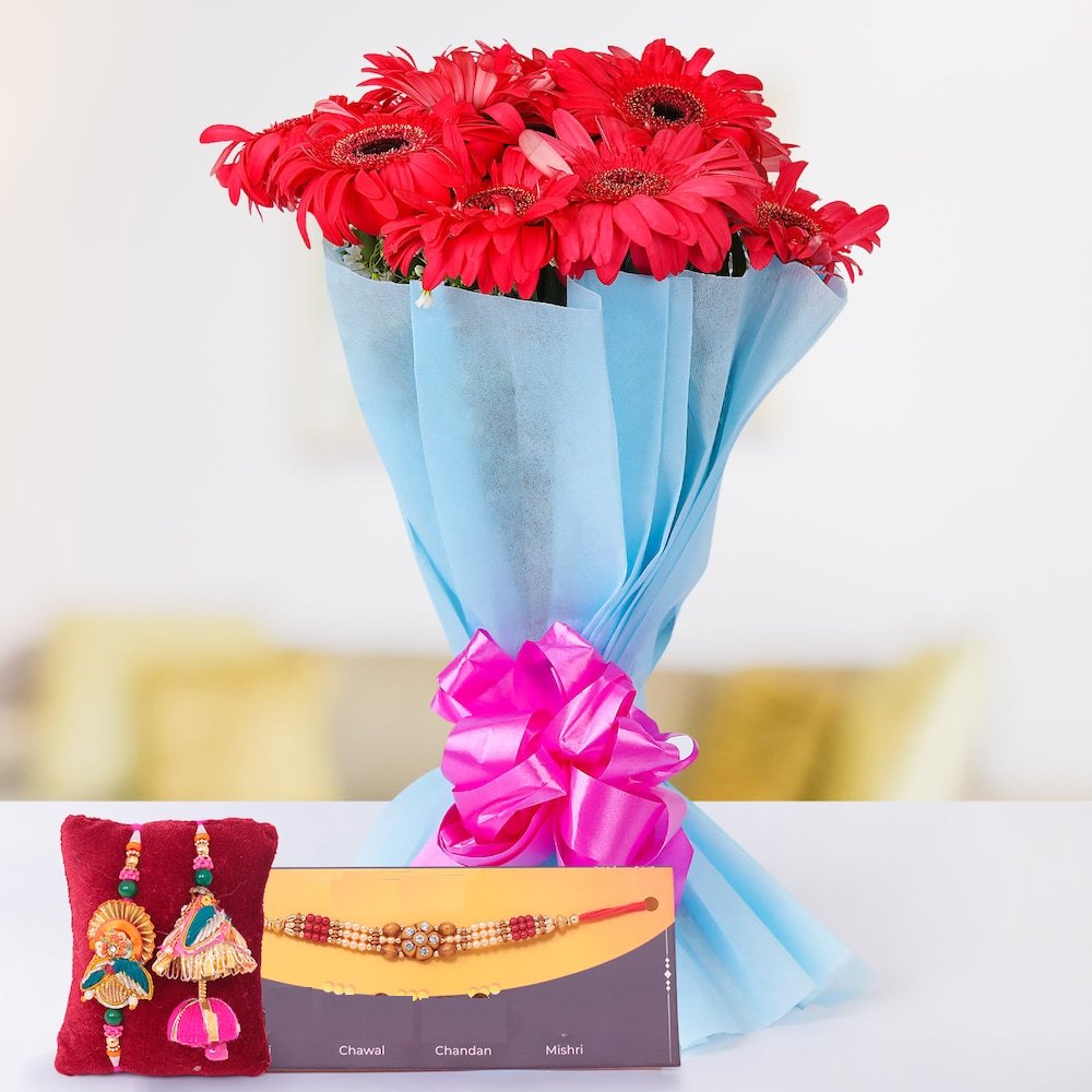  Gerberas Flowers Twin Rakhi Combo