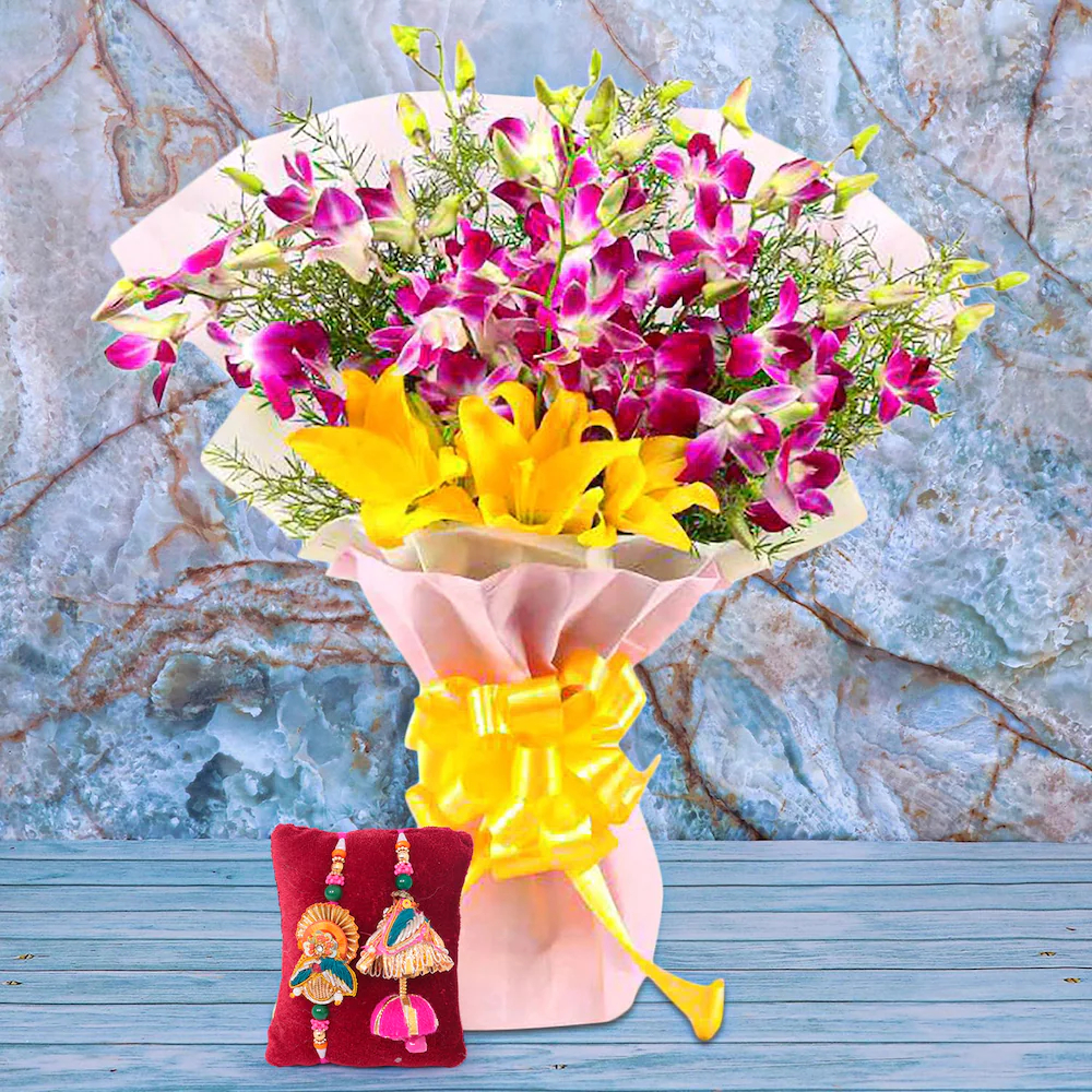  Rakhi Set With Yellow Lilies N Orchids Bouquet