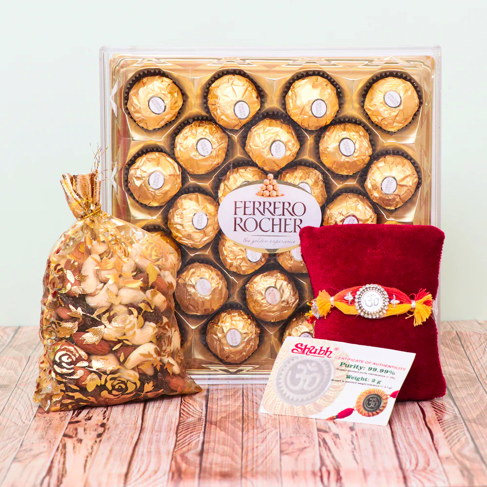  Ferrero N Dry Fruits Om Silver Rakhi Combo