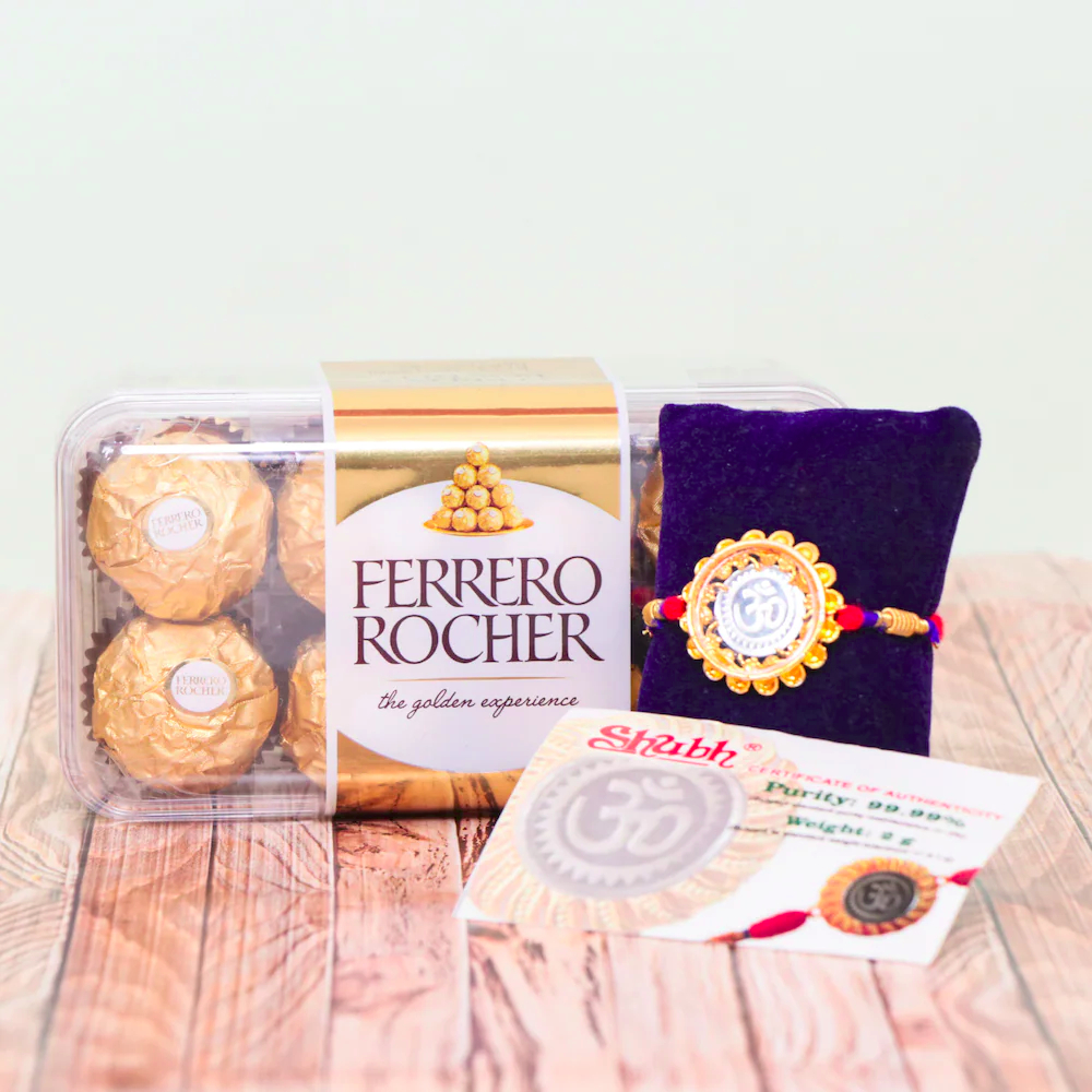  Glorious Silver Om Rakhi With Ferrero Rocher