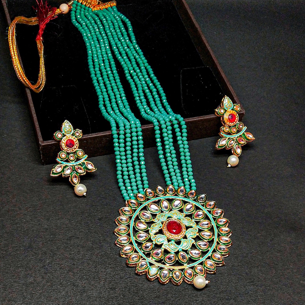  Green Beaded Necklace With Earrings Set