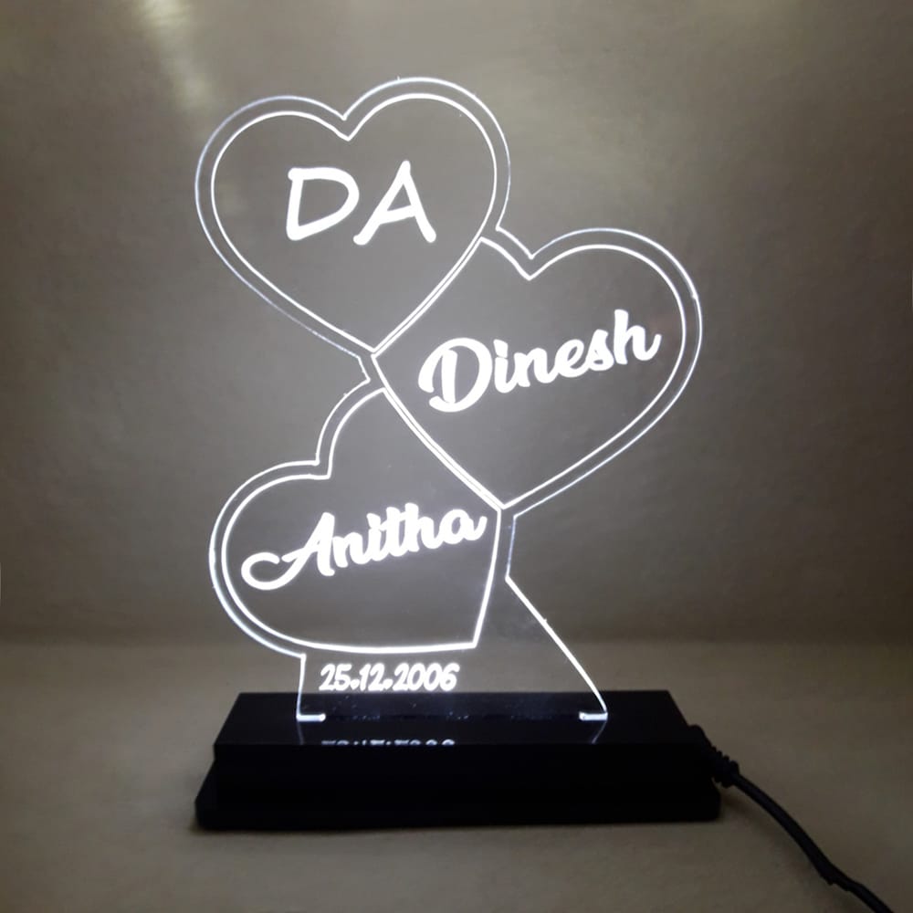  Personalised Three Heart 3D LED lamp