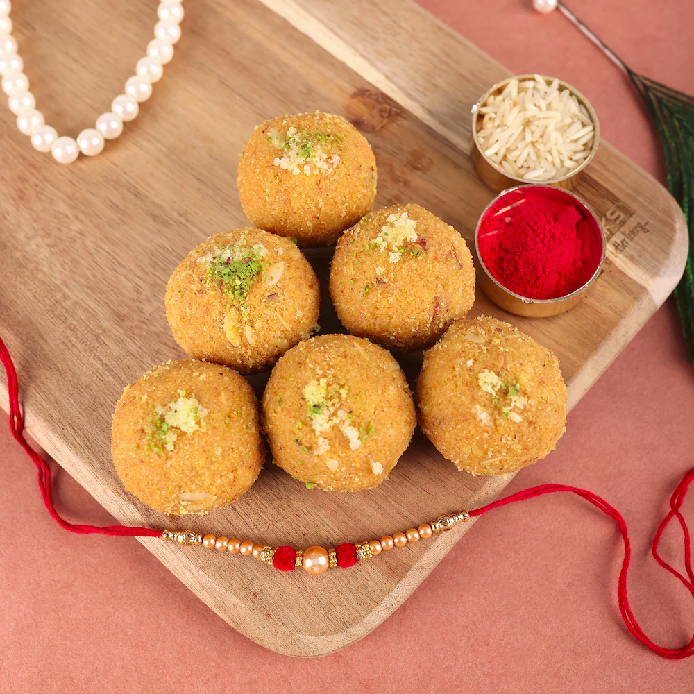  Golden Pearl Rakhi With Sweet Combo