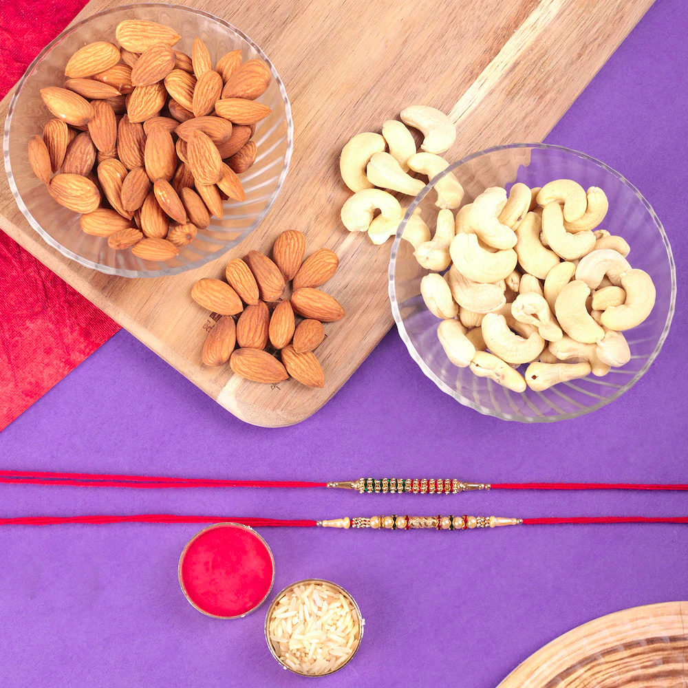  Multicoloured Designer Rakhi With Almonds And Cashews