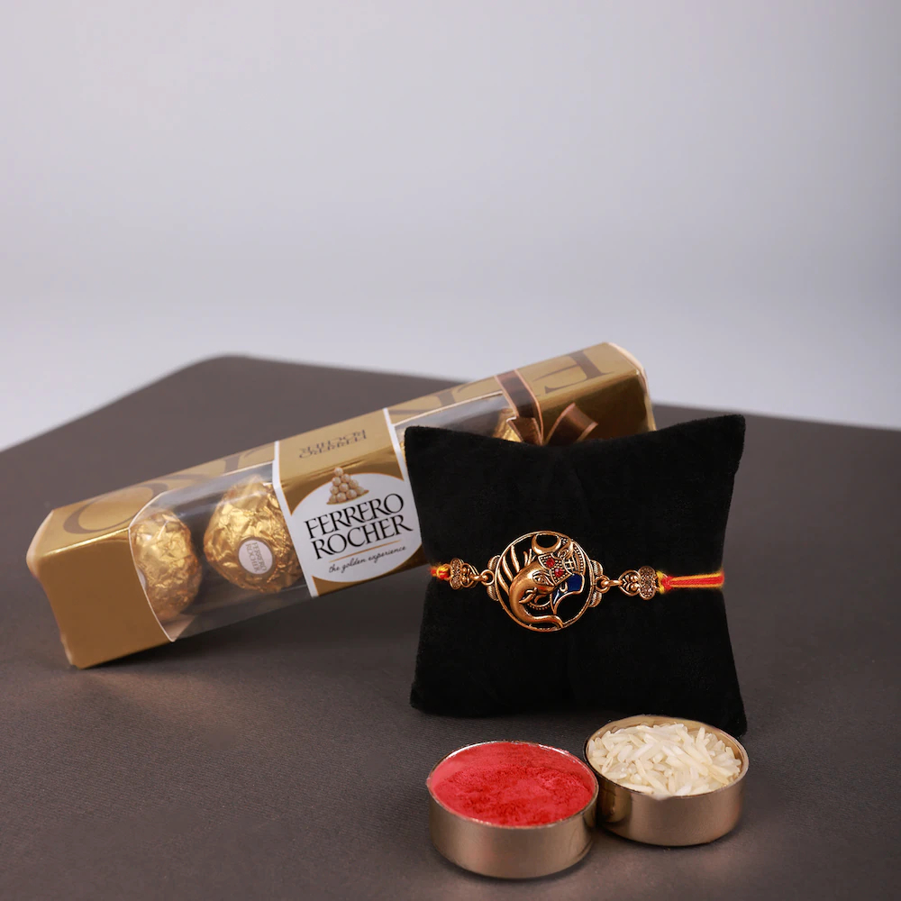  Golden Ganesh Rakhi With Ferrero Rocher Chocolate