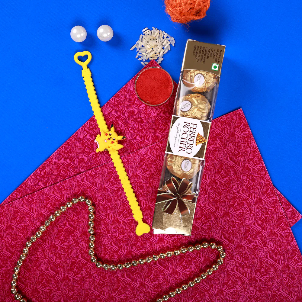 Pikachu Rakhi With Ferrero Rocher Chocolate Combo