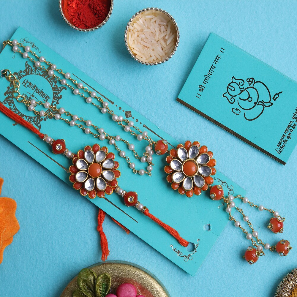  Bhaiya Bhabhi Orange Floral Rakhi Set