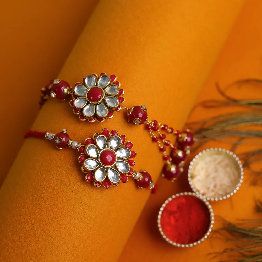  Bhaiya Bhabhi Red Floral Rakhi Set
