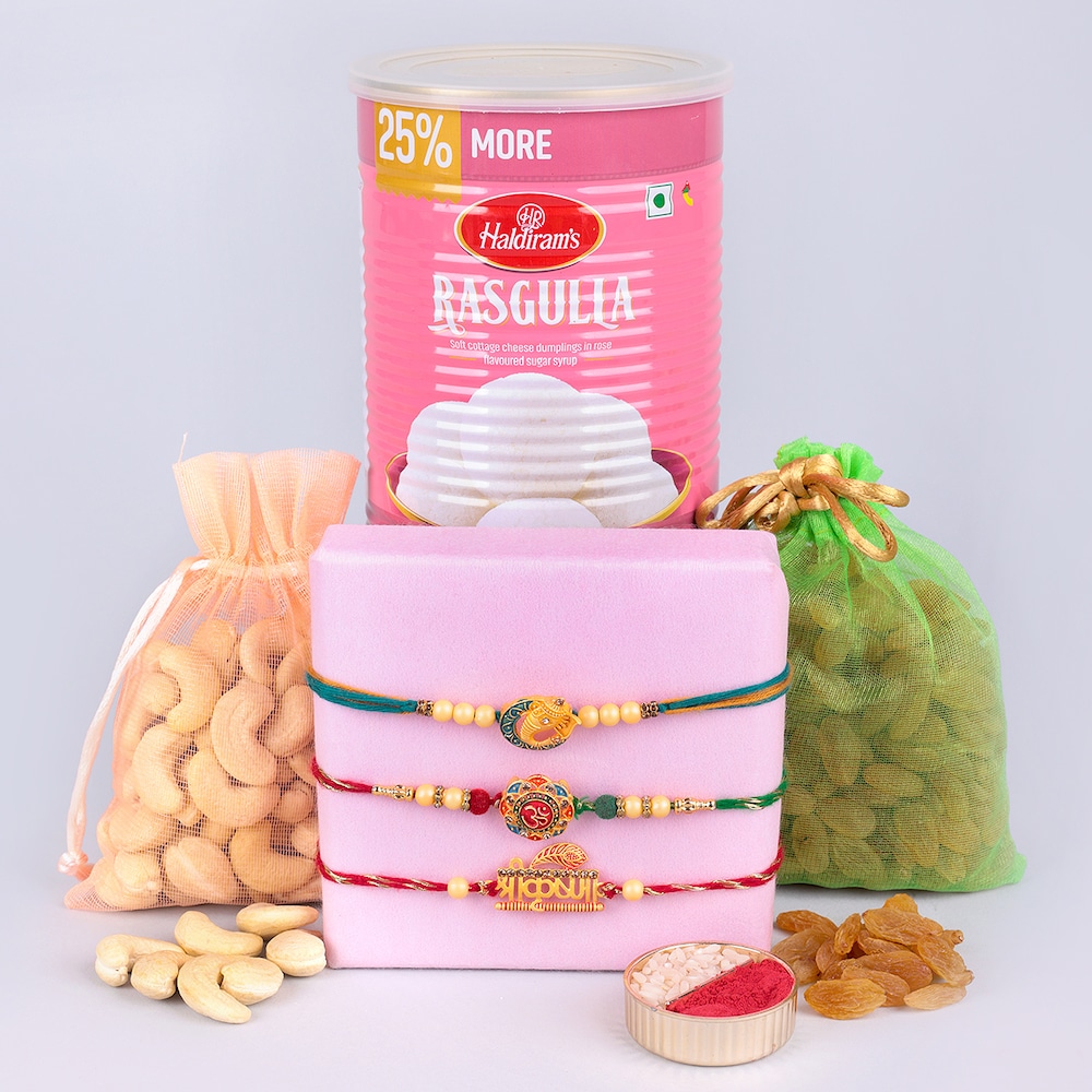  Set of 3 Divine Rakhi With Sweets Combo