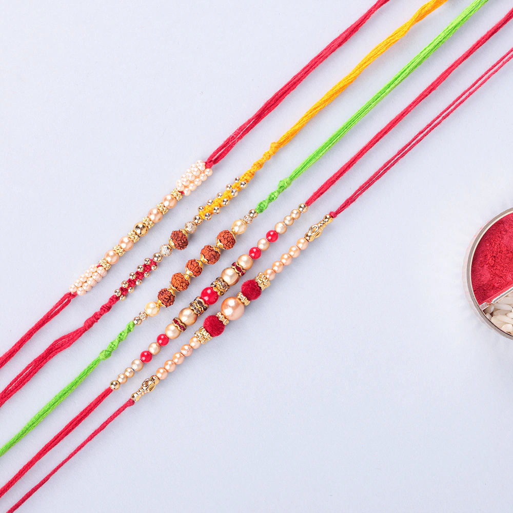  Set Of 5 Two Rudrakh And Three Pearl Rakhi
