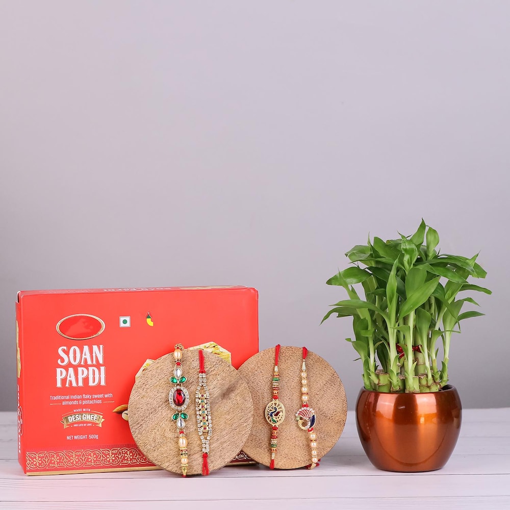 Set Of 4 Designer Rakhi With Plants And Sweets Hamper