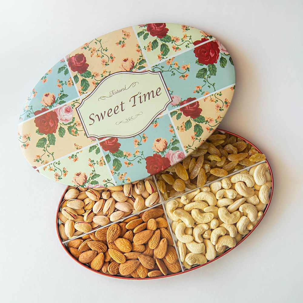  Flavorsome Dry Fruits in Beautiful Floral Oval Shape Tin Gift Box