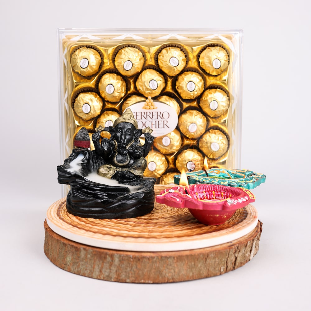  Ganesha With Smoking Fountain Diya Ferrero Rocher Hamper