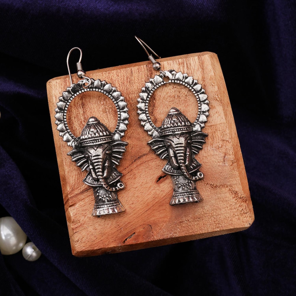  Oxidised Silver Toned Ganesh Design Drop Earrings
