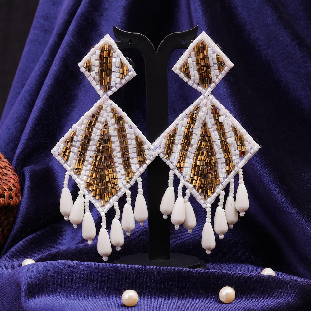  Off White And Golden Beads Studded Earrings