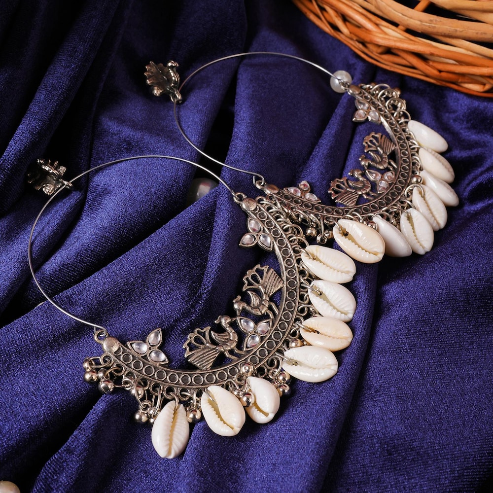  Silver Plated Peacock Shaped Oxidised Chandbalis