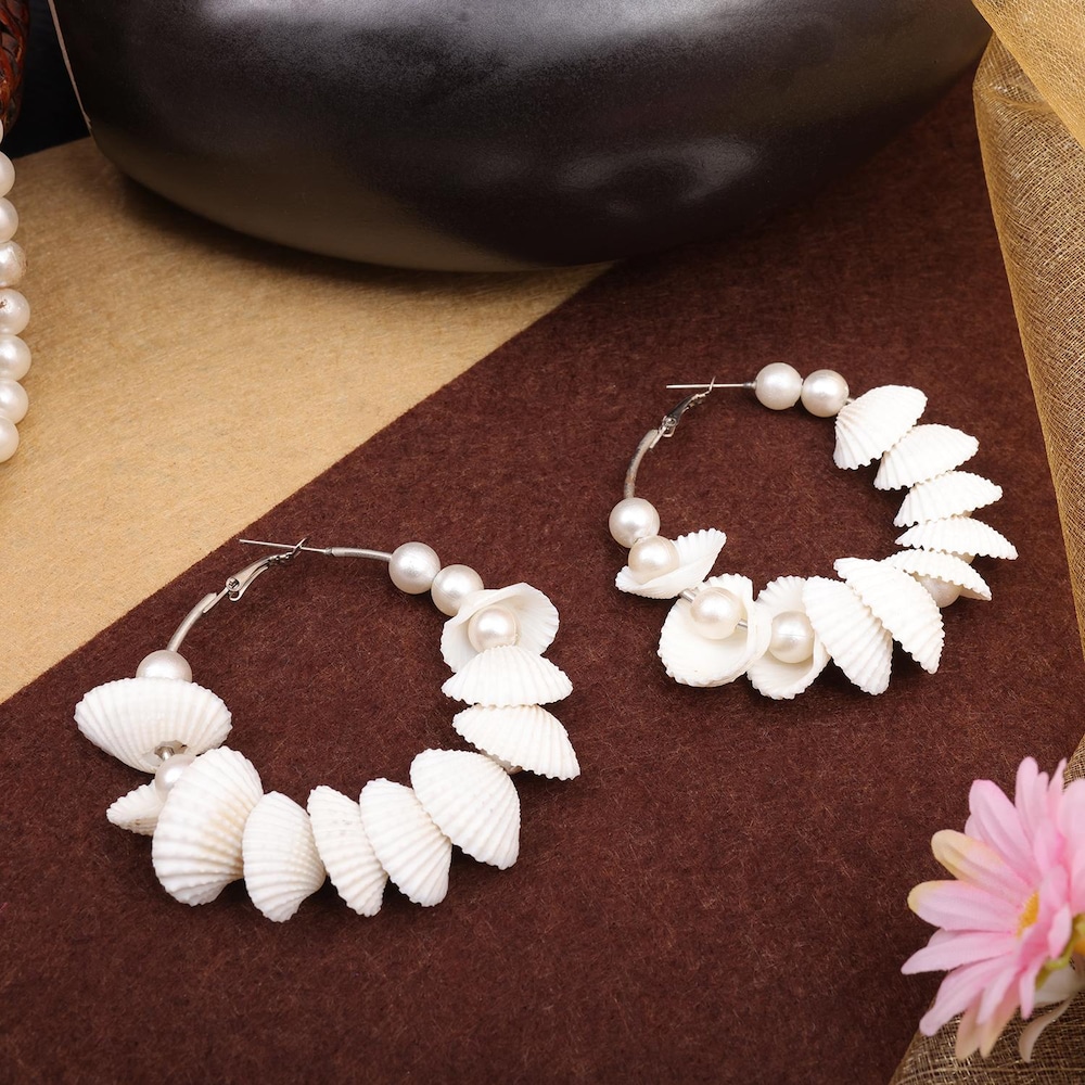  Off White Sea Shell Studded Hoop Earrings