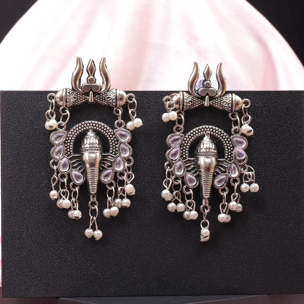  Silver Toned Oxidised Classic Pearl Drops Earrings