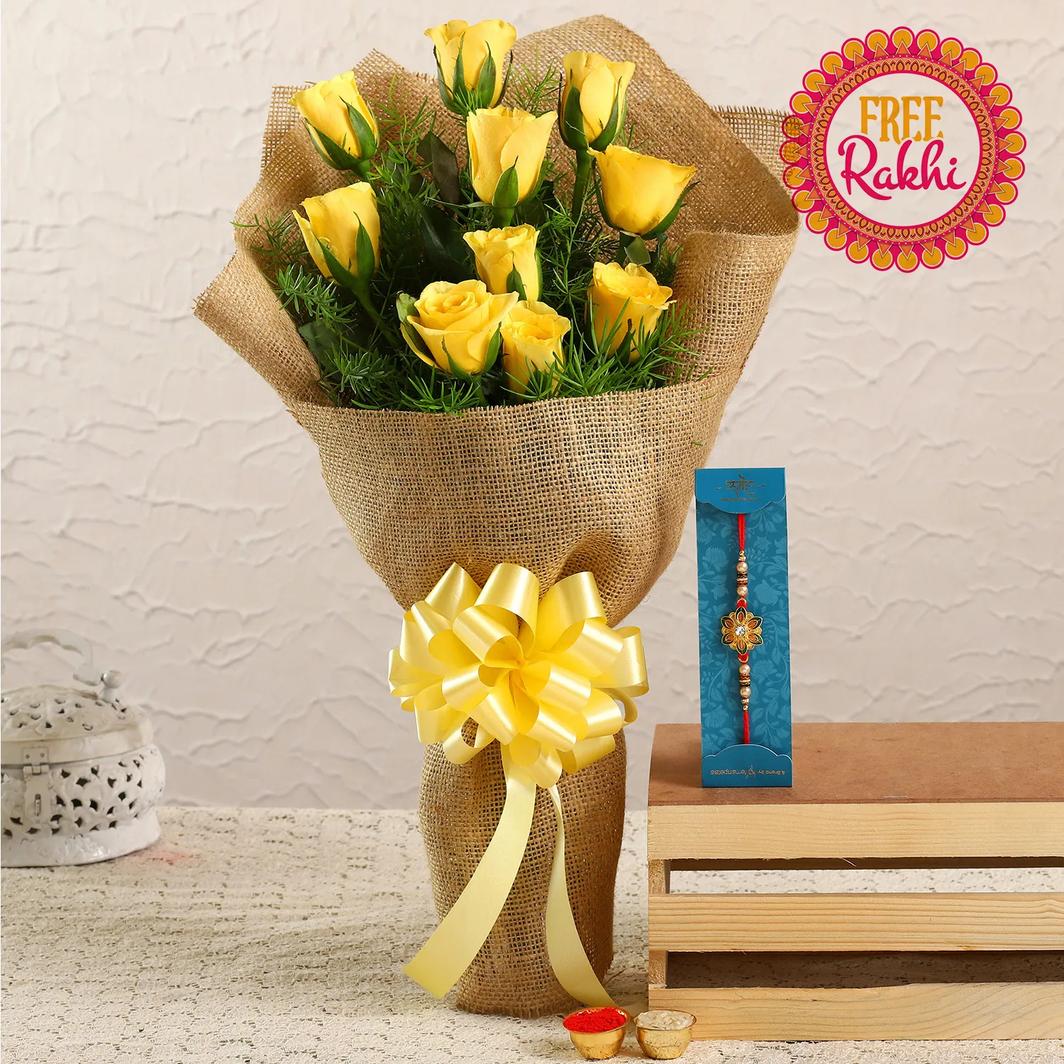  Free Meenakari Rakhi With Yellow Roses Bouquet
