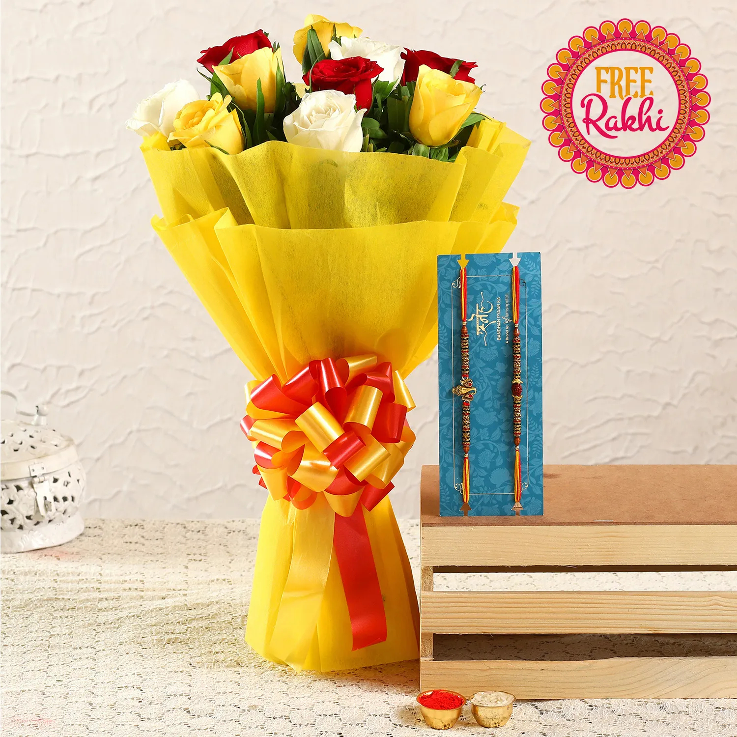  Free Set Of 2 Holy Rakhi With Mixed Roses Bouquet