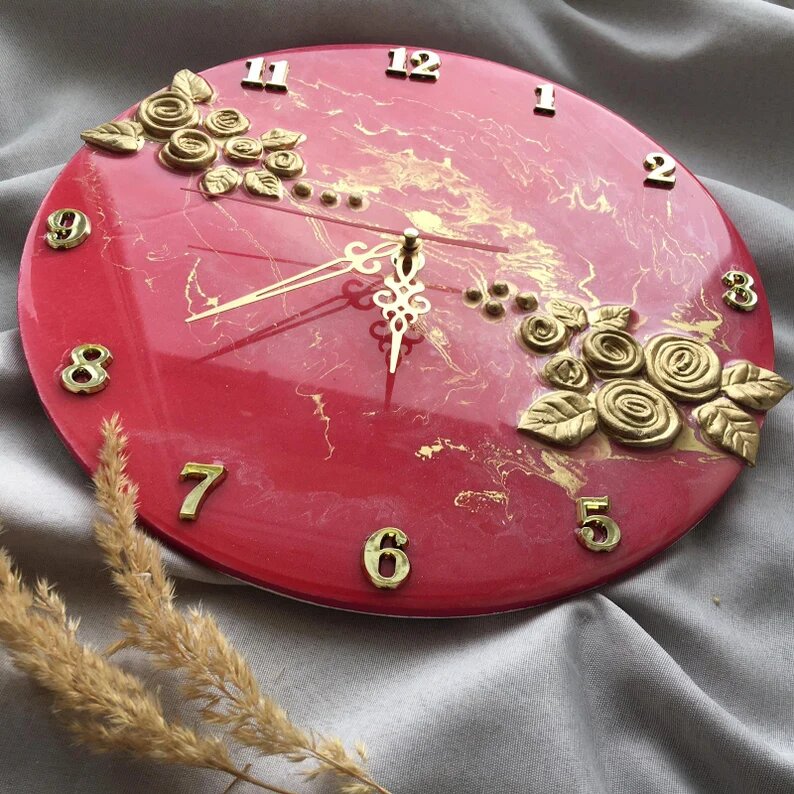  Lush red with gold flowers Clock