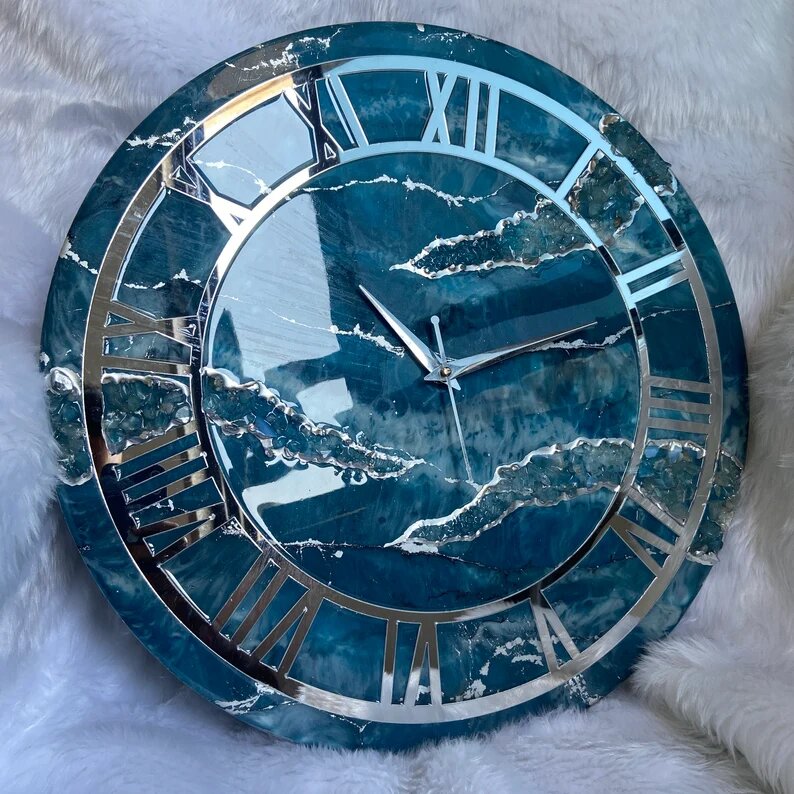  Teal Blue Geode Resin Wall Clock