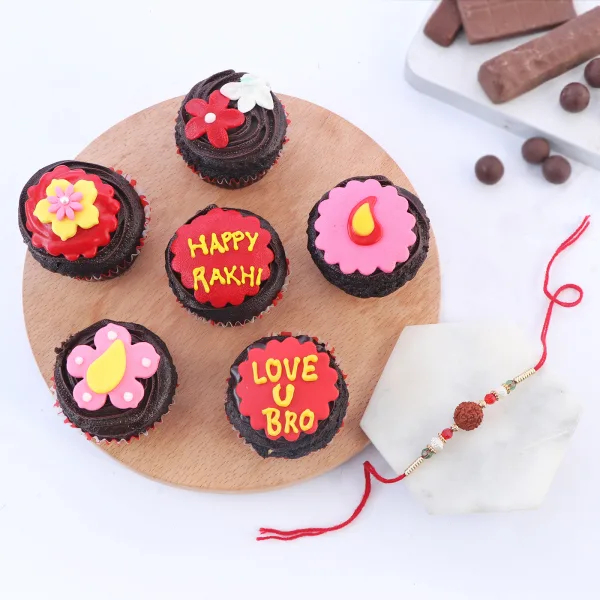  Rudraksh Rakhi With Floral Cupcakes